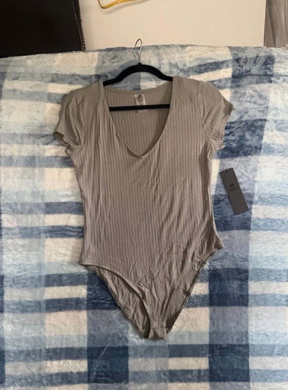Mono B Taupe Grey Ribbed V-Neck Short Sleeve Bodysuit